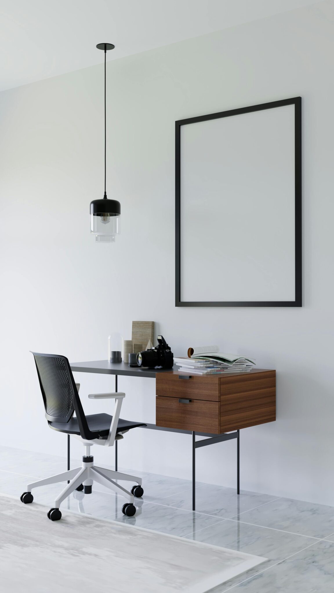 Corporate Compliance Stylish minimalist office setup with desk, chair, and framed artwork in bright space.